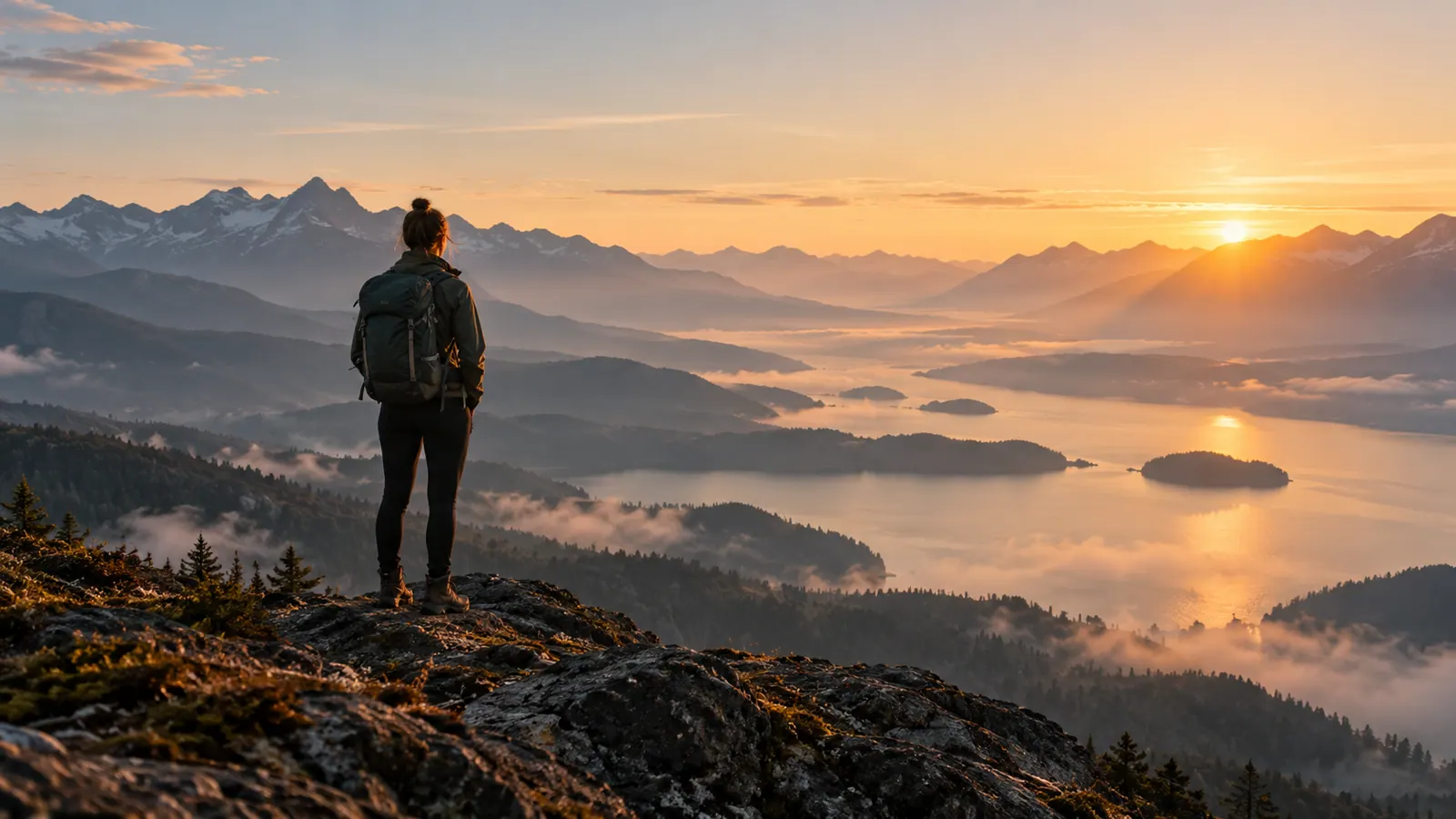 Creator overlooking mountains and a lake at sunrise